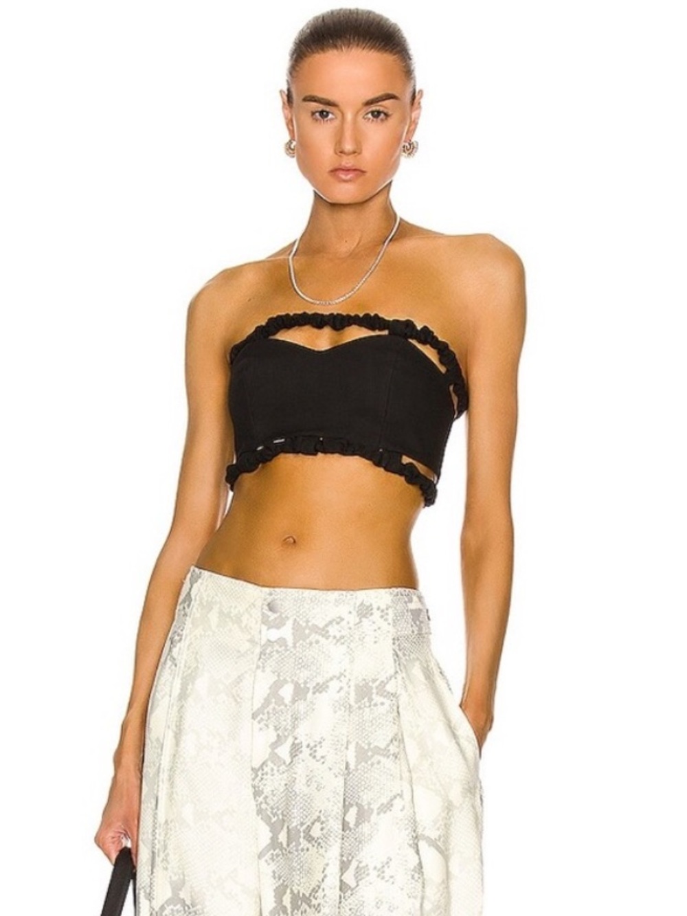 GANNI Ruched Strapless Bandeau Black Crop Top